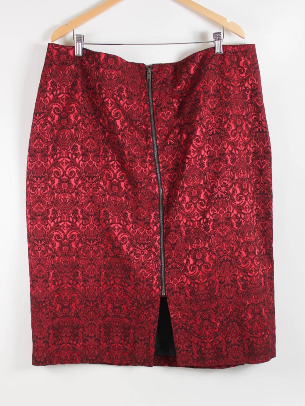 Worthington 20W Red Black Damask Jacquard Pencil Skirt Zip Front